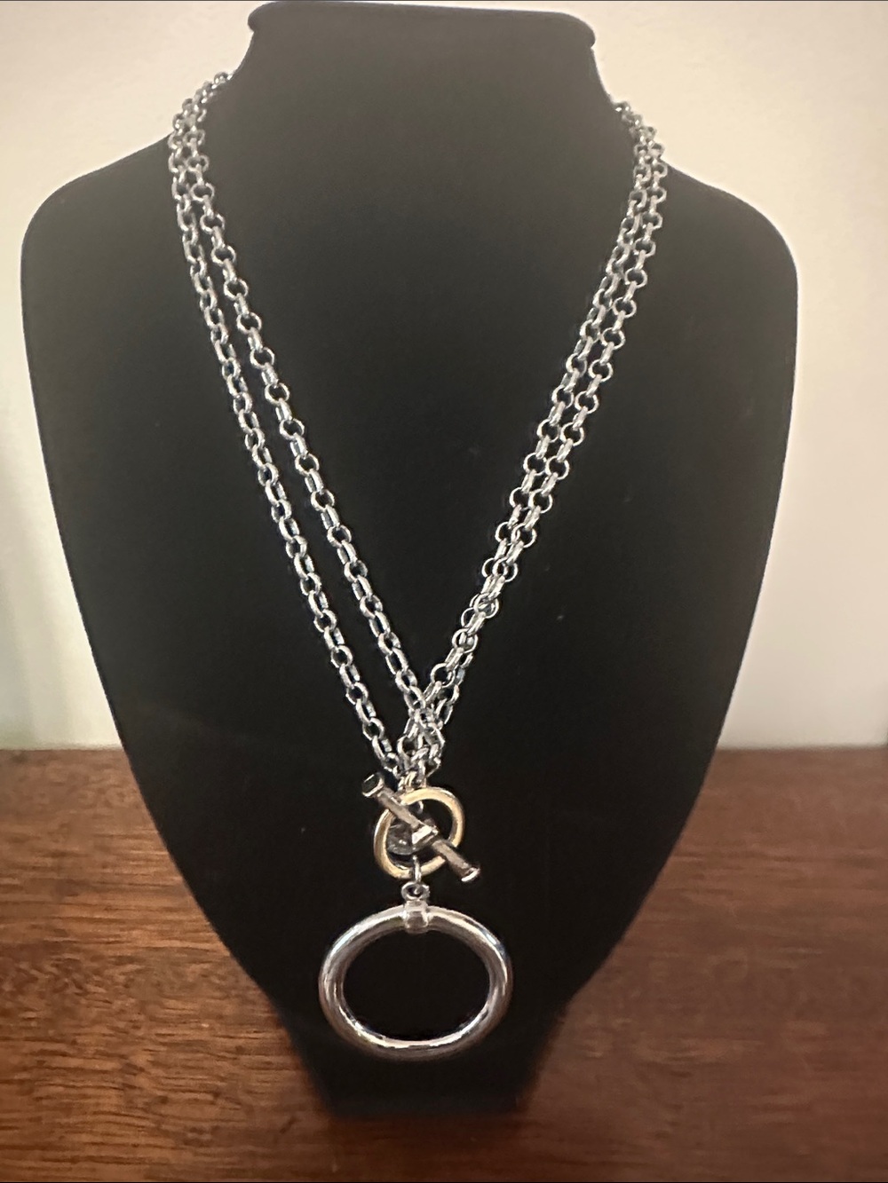 Talbots Silver-Tone Double Chain Necklace with Ring and Toggle